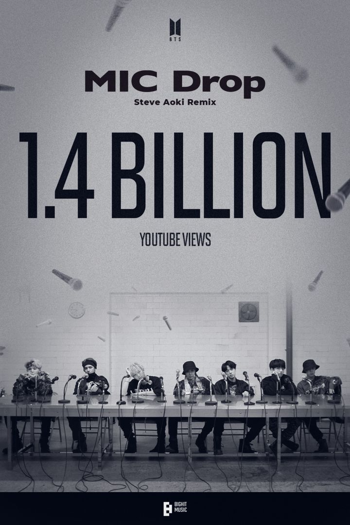 방탄소년단 '<b>마이크</b> 드롭' 리믹스도 넘겼다…4번째 <b>14억뷰</b> 뮤비