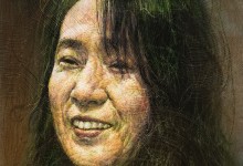 '미소 띤' 한강 작가 초상화, 광화문 교보문고에 걸렸다