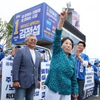 '고관절 수술' 87세 전원주, 정청래 손잡고 엄지척…유세장 깜짝 등장