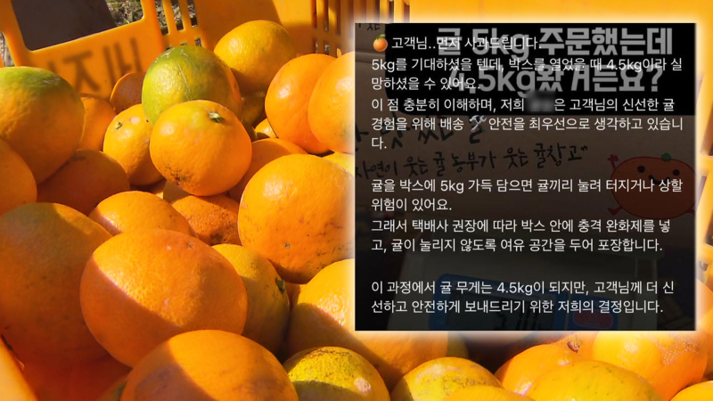 귤 5kg 샀는데 4.5kg 보내..답변도 가관 "눌려 터질까봐"